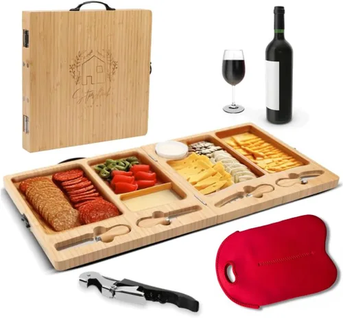 Vista 7 de Tabla de charcutería – Tabla grande de queso de bambú con juego de cuchillos magnéticos – Plato de queso de madera – Tabla de charcutería plegable