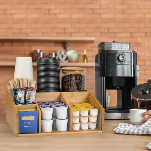 Vista 5 de Organizador de estación de café de bambú para encimera, organizador de accesorios de barra de café con 6 compartimentos para bolsas de té