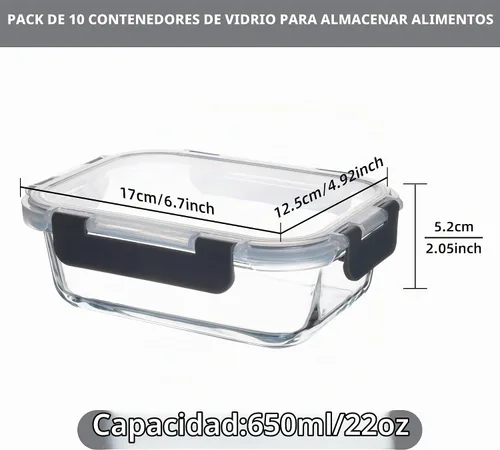 Vista 2 de Paquete de 10 recipientes de vidrio de 22 onzas para preparación de comidas, recipientes de almacenamiento de alimentos con tapas
