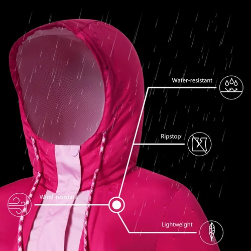 Vista 5 de Lightbare Chaqueta ligera resistente al agua para mujer, antidesgarros, plegable, transpirable, con capucha, cortavientos LB02W