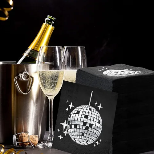 Vista 5 de Paquete de 80 servilletas de fiesta de discoteca, servilletas de cóctel de los años 70, 80, 90, suministros de reunión desechables, bola de disco