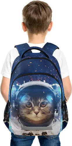 Vista 2 de Mochila para niños y niñas, mochila de viaje con diseño de astronauta y gato