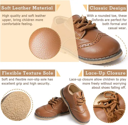 Vista 2 de Kannior Zapatos Oxford de piel sintética para niños y niñas, zapatos de vestir de boda para niños pequeños, con cordones, suela de textura