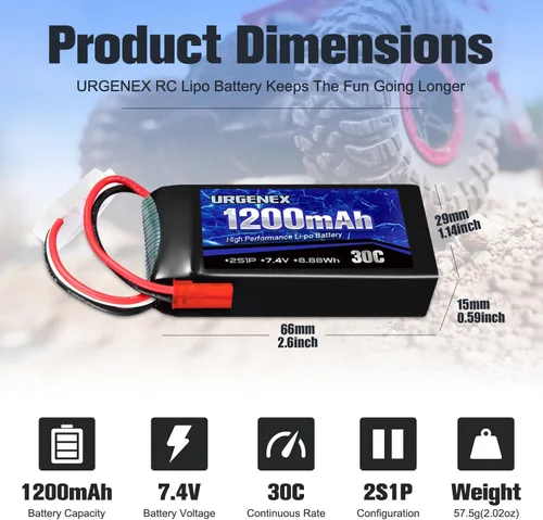 Vista 8 de Batería Lipo de 7.4 V con enchufe JST 2S 30C (60 C) batería de litio recargable de 1200 mAh compatible con UDIRC Cheewing y la mayoría de coches RC