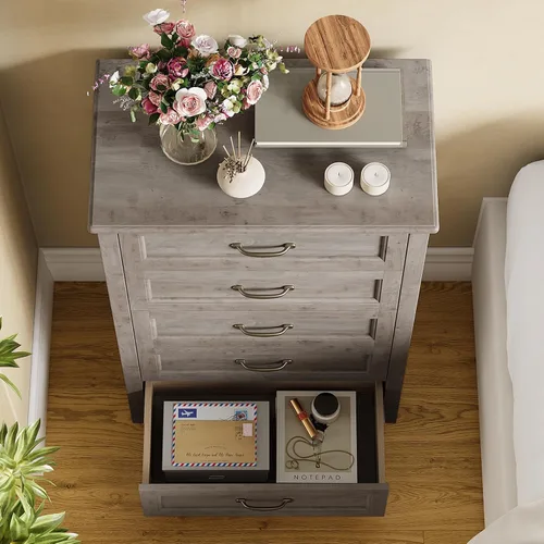 Vista 8 de Gizoon Cómoda de 5 cajones, armario de almacenamiento de madera gris ceniza para dormitorio, armario de almacenamiento de gran capacidad de 43.3
