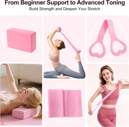 Vista 5 de Pilates Kit with Yoga Block, Home Workout Set for Women Rosa