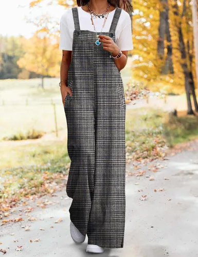 Vista 2 de YESNO - Enterizo holgado de estilo informal, overol con pantalones largos de pierna ancha, de algodón y con bolsillos, para mujer