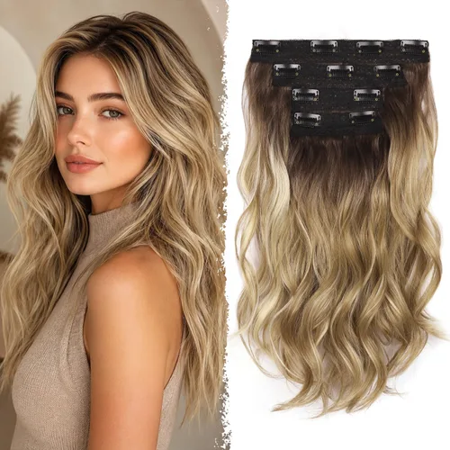 Vista 23 de Extensiones de cabello con clip, extensiones de cabello sintético ondulado de 14 pulgadas con clip (color: 22H10#)