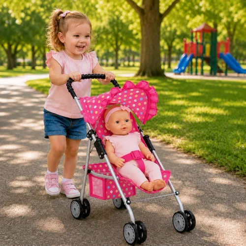 Vista 7 de Fash n kolor Juego de Muñeca Bebé de 3 Piezas – Parque Infantil de Diseño de Lunares, Cochecito de Muñeca Plegable, Silla Alta – Compatible