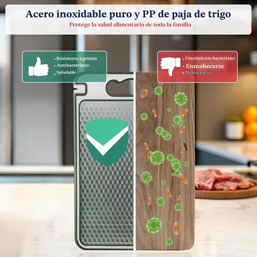 Vista 4 de Tabla de cortar de acero inoxidable para cocina, tabla de cortar de doble cara de grado alimenticio, ligera, apta para lavavajillas, fácil