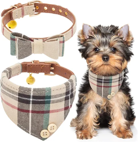 Vista 23 de EXPAWLORER Juego de collar y correa para cachorros, collar clásico a cuadros para perros pequeños con corbatín, bonito juego de collar y correa