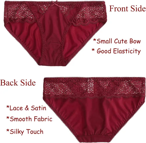 Vista 5 de BIONEK Ropa interior sexy para mujer, bikini de satén, ropa interior de encaje sedoso, hipster, paquete de 6