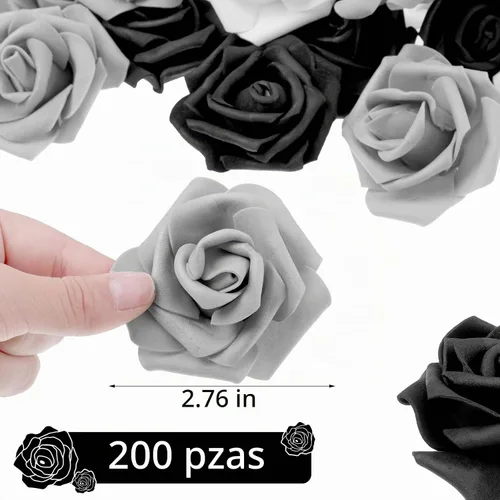 Vista 2 de Geosar 200 cabezas de rosas de flores artificiales, 2.76 pulgadas, negro