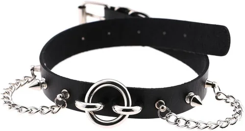Vista 4 de Multicolor 0.75" Width PU Simulated Leather Rivets O Ring Chains Neckband Choker Necklace