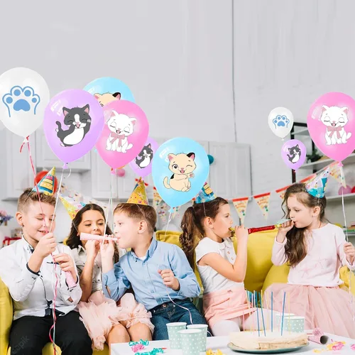 Vista 6 de Globos de fiesta de gatos, globos de gatito para decoración de cumpleaños, 16 globos de látex con estampado de gatos de dibujos animados
