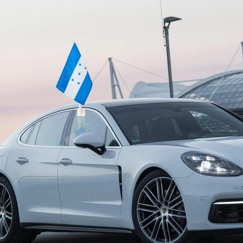 Vista 7 de Paquete de 2 banderas de automóvil, bandera de Honduras para exteriores con bandera hondureña y mástil, el clip para ventana con logotipo