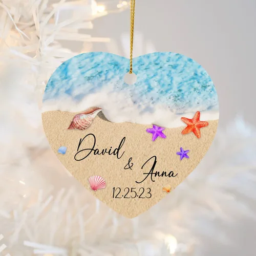 Vista 3 de Just Married - Regalo de recuerdo para recién casados, adorno de boda personalizado en la playa con nombres y fecha