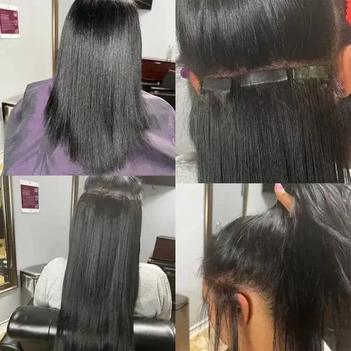 Vista 3 de Extensiones de cabello con cinta invisible atada a mano, extensiones de cabello humano con cinta adhesiva natural, extensión de doble trazado