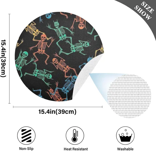 Vista 4 de Skeletons Black Table Placemats, Heat Resistant Non Slip PVC Placemats Round for Kitchen one sizex4