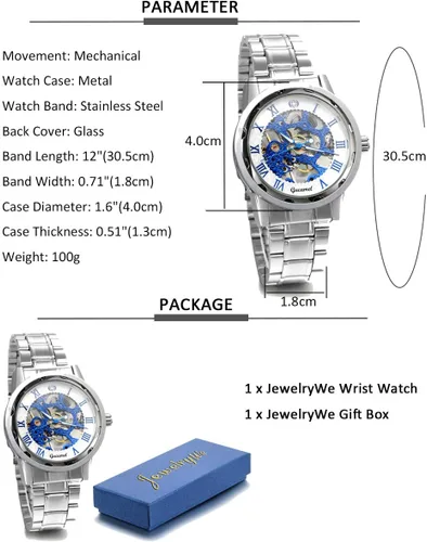 Vista 7 de Jewelrywe - Reloj de pulsera mecánico para hombre y hombre, esfera azul esqueleto, correa de acero inoxidable, mecanismo de viento a mano