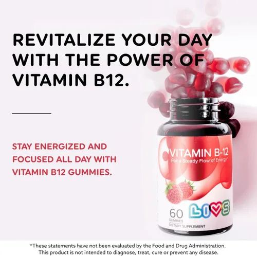 Vista 2 de LIVS Gomitas de vitamina B12 para adultos y niños Suplemento vegano de metilcobalamina B12 Energía, metabolismo y apoyo nervioso Sabor a