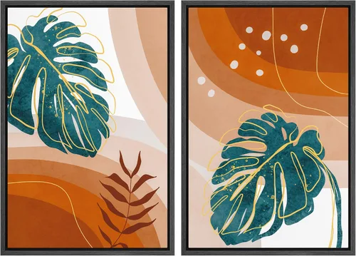 Vista 49 de SIGNFORD Lienzo enmarcado para pared, juego de arte geométrico retro de mediados de siglo, plantas forestales, ilustraciones con formas abstractas