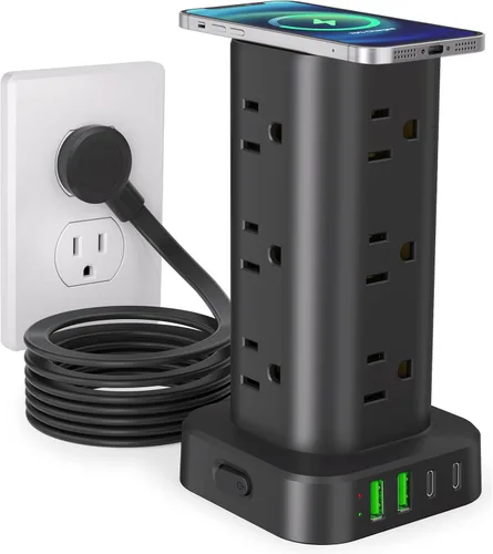 Vista 12 de Regleta de alimentación con cargador inalámbrico, protector de sobretensiones de enchufe plano con cable de extensión de 6 pies, 12 tomas