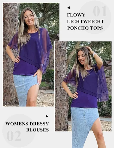 Vista 3 de SeSe Code Blusas elegantes de malla para mujer, poncho fluido, camisas casuales elegantes