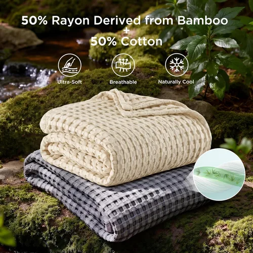 Vista 2 de Bedsure - Manta XL de punto gofre de algodón refrescante - Manta ligera y transpirable de rayón derivado de bambú para personas que se acaloran al