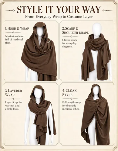 Vista 4 de JPXH Conjunto de bufanda con capucha con cinturón y muñequeras para cosplay medieval Marrón