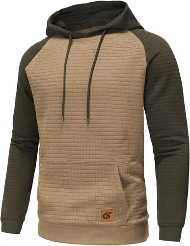 Vista 2 de Sudadera de manga larga para hombre, con capucha con cordón, de jacquard a cuadros, estilo informal y hípster, con bolsillo de canguro