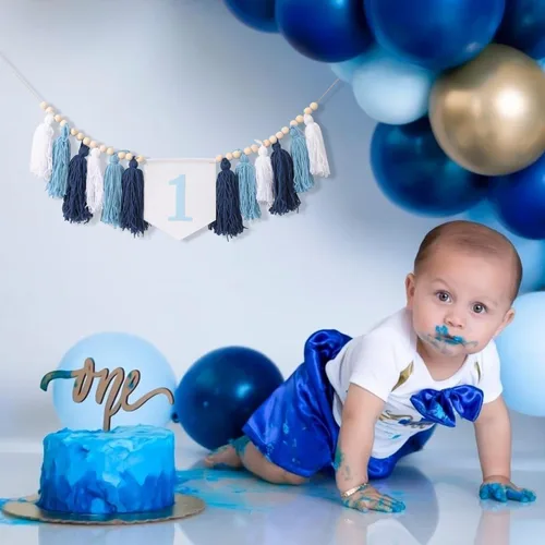 Vista 4 de Cartel de primer cumpleaños para silla de bebé, pancarta temática de borla azul para niño, pancarta de fiesta de primer cumpleaños, corona de madera