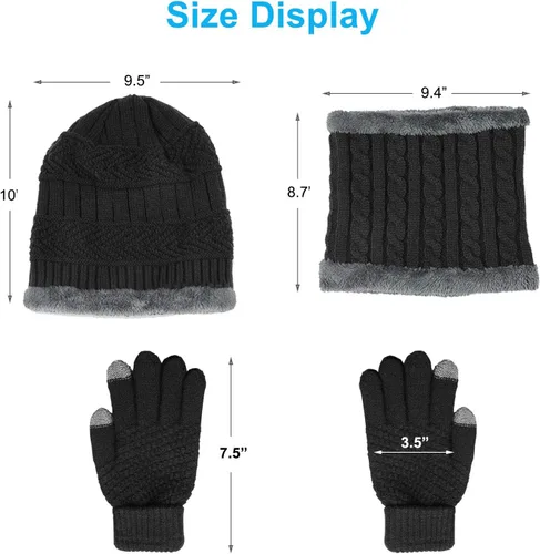 Vista 6 de Conjunto de gorro de punto de invierno, calentador de cuello, guantes, con forro de lana, gorro de calavera, bufandas infinitas, manoplas táctiles