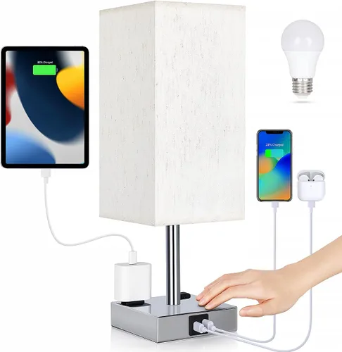 Vista 9 de Lámpara de noche con puertos USB - Lámpara de mesa de control táctil para dormitorio con puertos de carga USB C + A y salidas de AC, lámpara