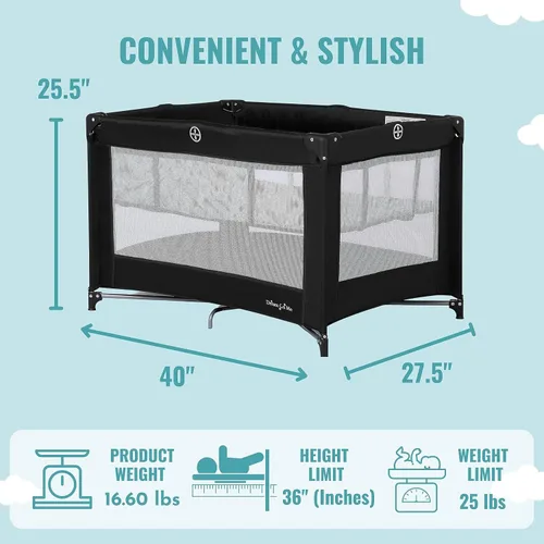 Vista 4 de Dream On Me Zazzy - Corral portátil con moisés en negro y acebo portátil de fibra de 3 pulgadas, certificado Greenguard Gold, funda de vinilo