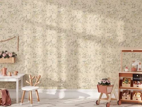 Vista 4 de Papel tapiz de dibujo floral beige Mural floral de acuarela extraíble Papel tapiz autoadhesivo floral pastel