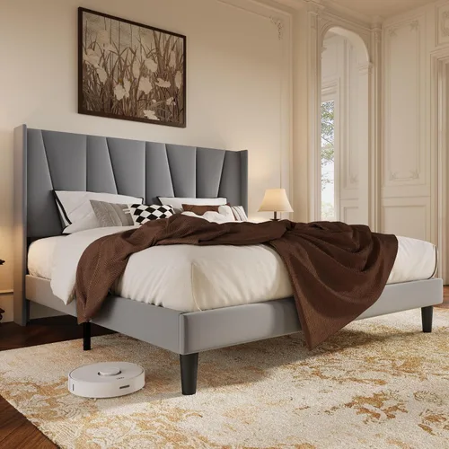 Vista 10 de HOOMIC Base de cama tapizada de tamaño matrimonial con cabecera geométrica moderna con respaldo de ala, listones de madera, no necesita somier, base
