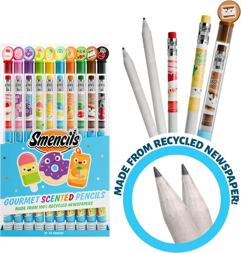 Vista 4 de Smencils - Lápices patentados de grafito perfumado gourmet HB #2 hechos de periódicos reciclados, 10 unidades, regalos para niños, suministros