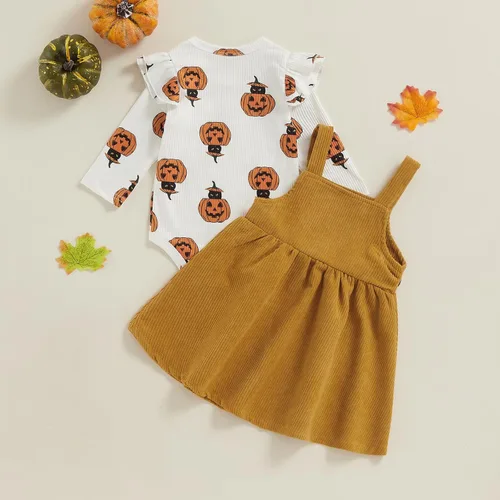 Vista 7 de Mandizy Ropa de bebé de Halloween para niña, conjunto de falda con tirantes de calabaza, fantasma, manga larga, mameluco de pana, vestido de overol
