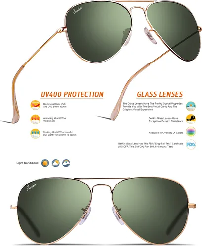 Vista 5 de Berikin Gafas de sol clásicas estilo aviador para hombres y mujeres, 100% protección UV400, 2.441in, lentes de cristal verde, marco de metal dorado