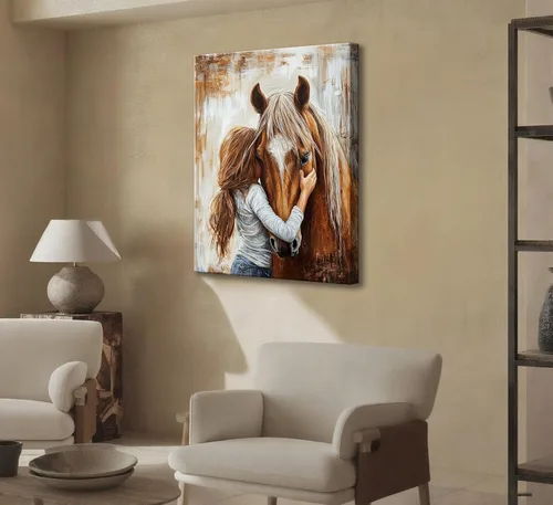 Vista 5 de Arte de Pared en Lienzo de Niña Pequeña y Caballo Tonos Tierra Cálidos Retro Decoración de Pared Imagen de Niña Pequeña Abrazando Caballo Castaño