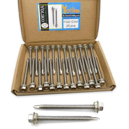 Vista 8 de Tornillos autoperforantes de cabeza hexagonal de arandela #14 x4 (1" a 4-7/8" disponibles), acero inoxidable 410, tornillos Tek de chapa