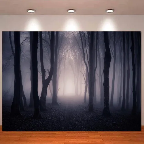 Vista 6 de Telón de fondo de bosque oscuro brumoso de 7 x 5 pies para decoración de fiesta de Halloween, noche de Halloween, fondo de fotografía de bruja