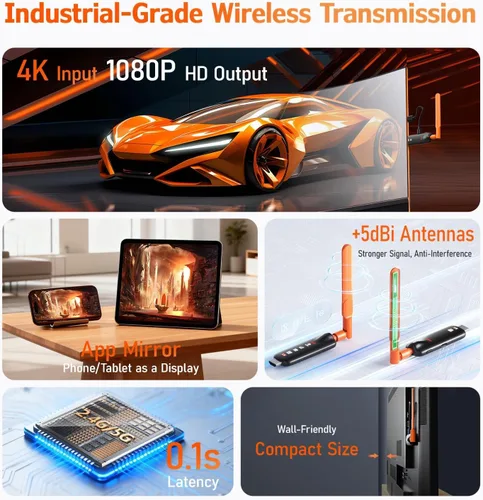 Vista 2 de Transmisor HDMI inalámbrico y 3 receptores, gechtech 656FT/200M de largo alcance, 5.8G, decodificación 4K 1080P salida HD, extensor HDMI estable