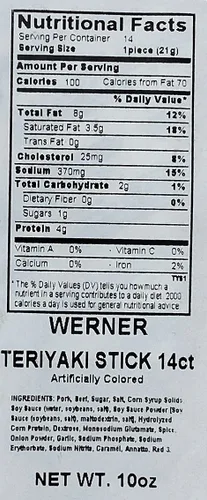 Vista 2 de Werner Palitos teriyaki de carne seca de ternera, 14 unidades (9 pulgadas), bolsa resellable de 10 onzas