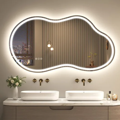 Vista 11 de SMIROR Espejo de Baño Retroiluminado Irregular con Luces 20 x 32, Espejo de Tocador con Luz LED Asimétrica en Forma de Nube para Pared
