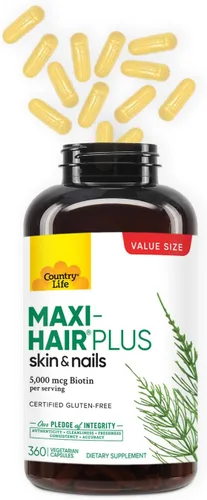Vista 3 de Country Life Maxi-Hair Plus 5000 mcg de biotina, 360 cápsulas, certificado sin gluten, certificado vegetariano