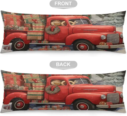 Vista 3 de Funda de almohada corporal con diseño de camión rojo de Navidad en estilo de collages textiles, lavable a máquina con cremallera, funda de almohada