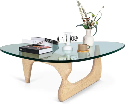 Vista 11 de Mesa de café triangular de vidrio moderna, con vidrio transparente vintage y base de madera maciza, mesa auxiliar para sala de estar, oficina, Nogal