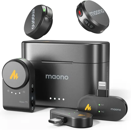 Vista 10 de MAONO Micrófono Lavalier inalámbrico para cámara/PC/portátil/teléfonos, mini micrófono de solapa con 48 khz 24 bits, rango de 1000 pies, cancelación